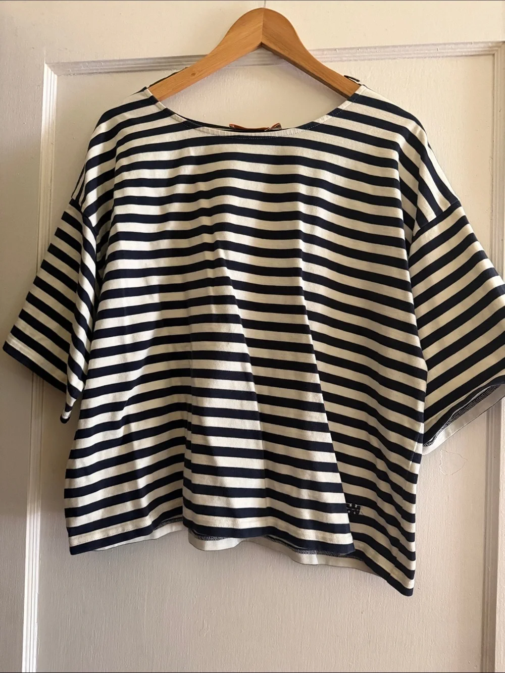 Striped Short-Sleeve Boatneck Top in Navy and White